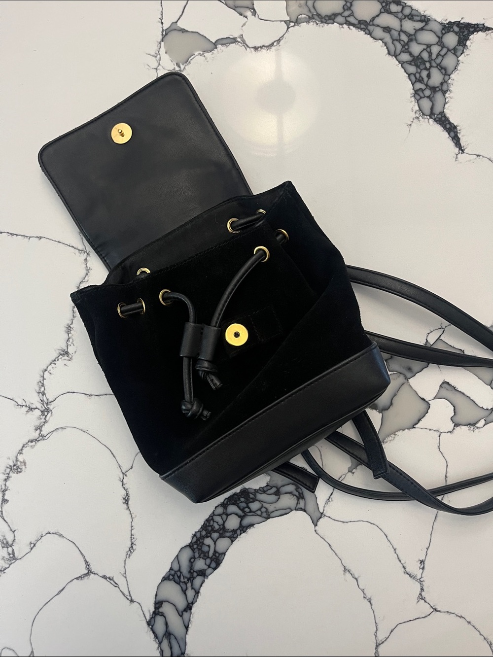 Amanda Smith Black Suede Drawstring Bucket Backpack Bag - Women